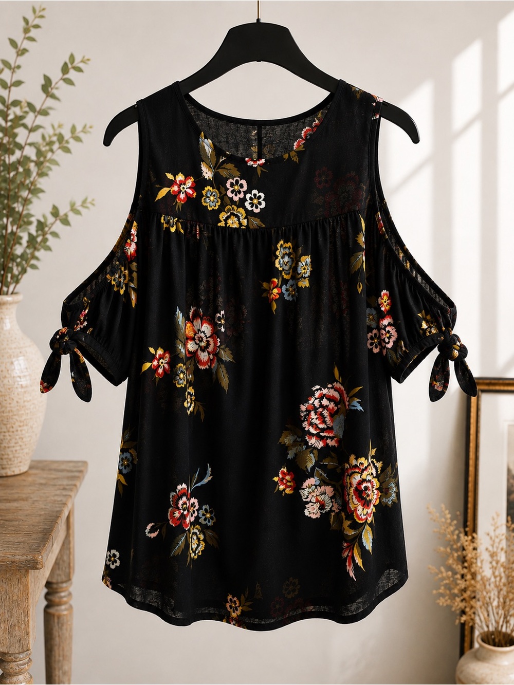 Old Navy Black Floral Cold Shoulder Sleeve Peasant Blouse